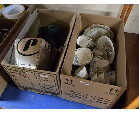 2 BOXES CONTAINING VARIOUS TEAWARE, WALNUT BOX, POLAROID CAMERA IN BOX, CUTLERY, VARIOUS TOYS, COLOUR GLASS VASE, NAPKIN RING