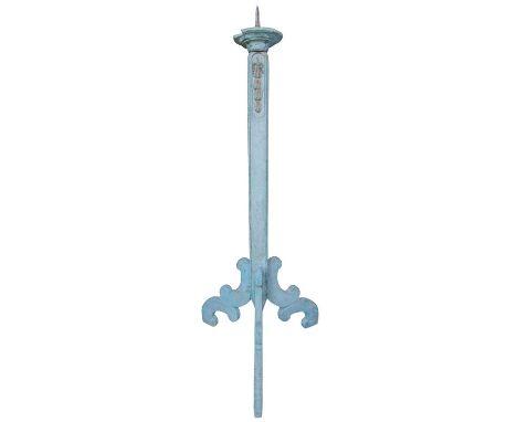 An 18th/19th-century French wooden candlestick The pricket, tripod, standard stick with carved panels 158cm including wooden 