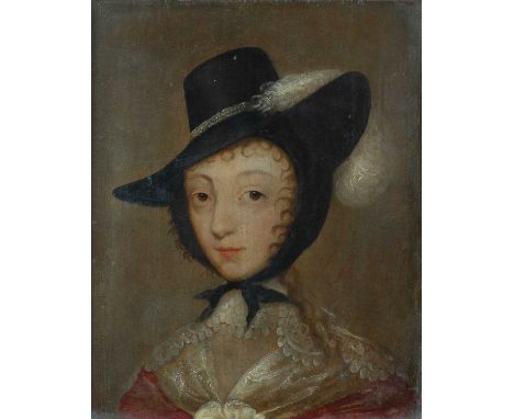 17th-century oil on panel Portrait of Henrietta Maria Oil on panel, indistinct inscriptions, old label to verso. 29.5x24cmSir