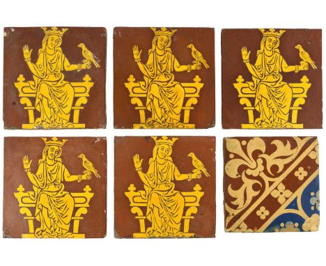 Pugin, Encaustic tiles, Queen Eleanor with a parrot Five tiles 16 x16cm and one other encaustic tile, 15.2x15.2cm.Purchased f
