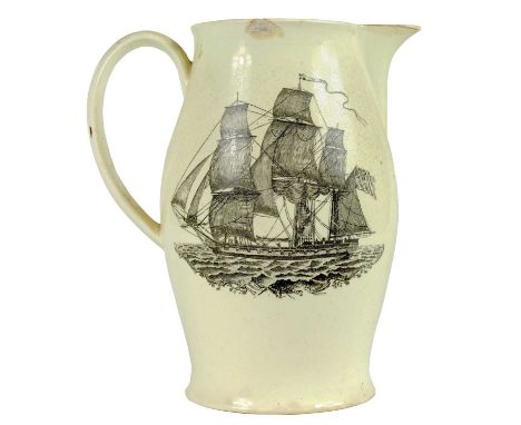 A rare Liverpool, Bidston creamware bellied jug On one side a three masted frigate printed in black and the other "AN EAST' V