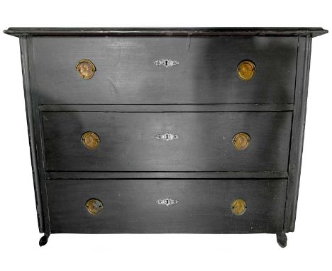 A Continental 19th century pine three drawer commode Painted dark grey. Width 131cm, height 88cm, depth 54cm.This commode is 