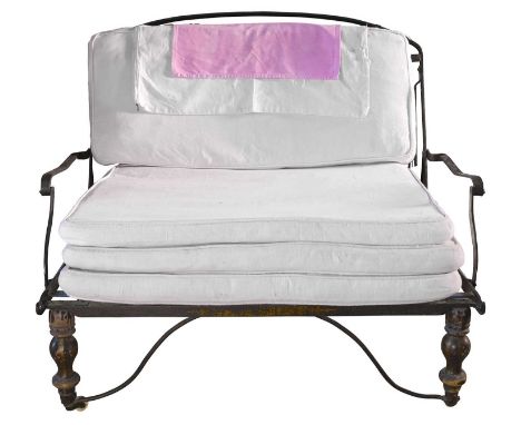 Campaign seat/bed A Victorian wrought iron, wood and upholstered metamorphic campaign bed/sofa 113cm max width. Each of the 4