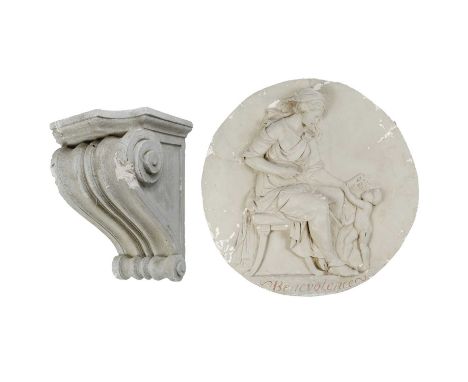 A scrolling bracket and a roundel Each in plaster, the bracket 44.5cm high the classical roundel 56cm diameter