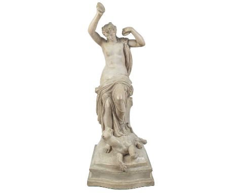 John Gibson R.A. (1790 - 1866)  Painted plaster sculpture of a bacchante dancing with cymbals with a submissive leopard or li