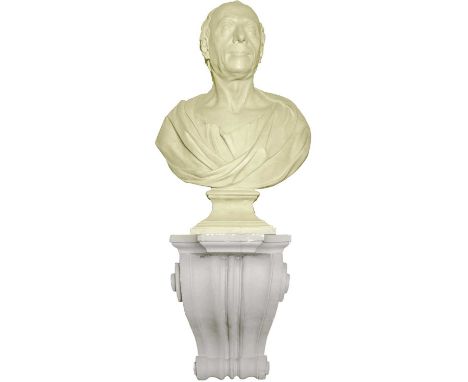 18/19th century plaster bust of a gentleman On waisted square socleHeight 65cm, on scrolling bracket 42cm