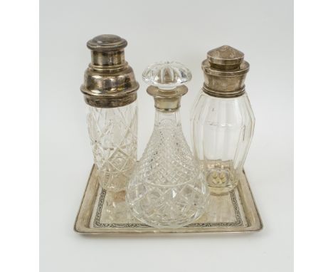 DECANTER, cut glass with silver collar, 25cm H; two various glass and silver cocktail shakers (with faults), & a silver tray,