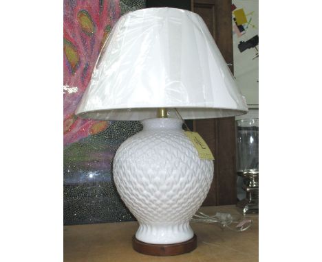 RALPH LAUREN HOME TABLE LAMP, white baluster form, with repeating pattern and shade, 62cm H.