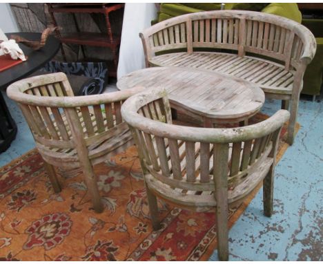 BANANA BENCH SET, weathered teak. (4)