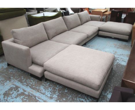 CAMERICH SOFA, large, in oatmeal fabric in two sections, 215cm x 110cm and two ottomans 110cm x 110cm, cost £5000 new. (3)