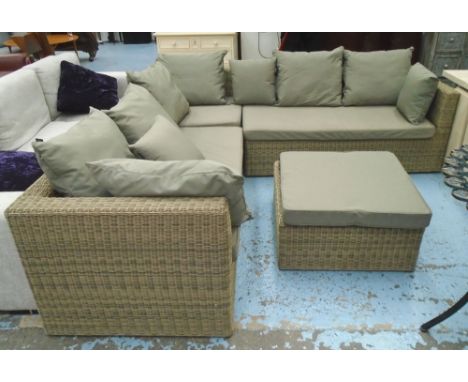 L SHAPED GARDEN SOFA, L shaped, weather proof wicker, including low table with cushion, 'Sahara model by Bramble Crest', 240c