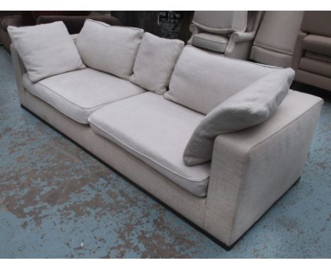 MAXALTO SOFA, square form, in light fabric upholstery, with bronzed metal profile, 247cm L x 90cm H x 80cm W (with faults, ma