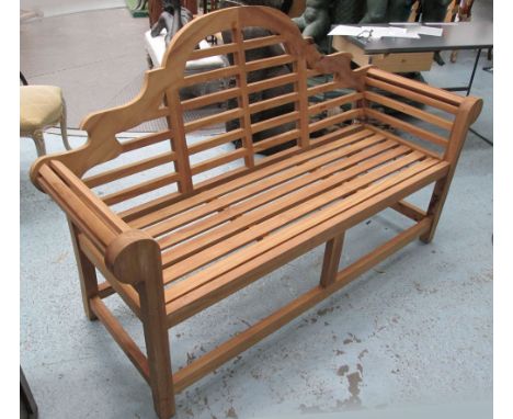 LUTYENS/MARLBOROUGH GARDEN BENCH, in slatted teak on square supports, 164cm L. 