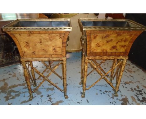 JARDINIERES, a pair, Regency style burr walnut effect with a pierced gallery and lion mask ring handles on paw feet, 50cm W x