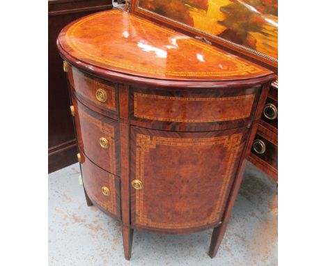 DEMI-LUNE COMMODE, French style, in burr and banded decoration, 85cm W x 85cm H x 42cm D.