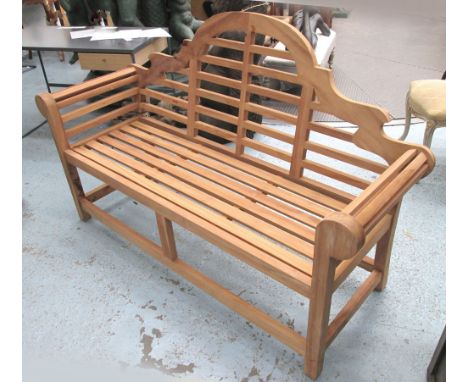 LUTYENS/MARLBOROUGH GARDEN BENCH, in slatted teak on square supports, 164cm L. 