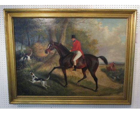 19TH CENTURY SCHOOL, 'Hunting Scene', oil on canvas, 68.5cm x 94cm, framed. 