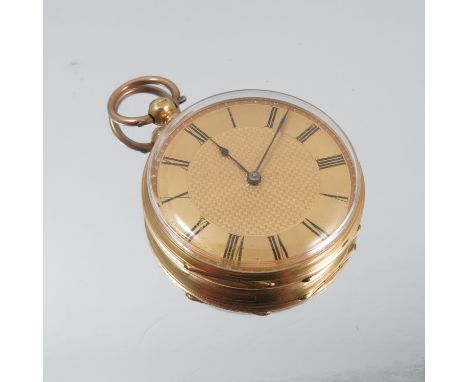 A fob watch, anonymous, stamped '18k', the gold dial with black Roman numerals, blued steel hands, the four piece hinged case