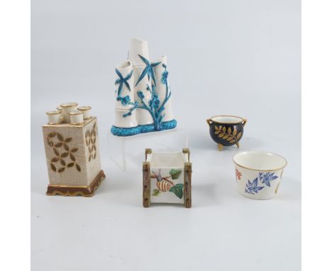 Five Royal Worcester Japanesque ornaments, comprising a multiple vase with tubes, shape no.585, dated 1881, a triple bamboo v