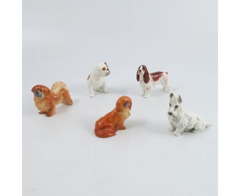 Five Royal Worcester small dog models, comprising Peke sitting, shape 3034 dated 1940, Peke standing, shape 2941 dated 1951, 