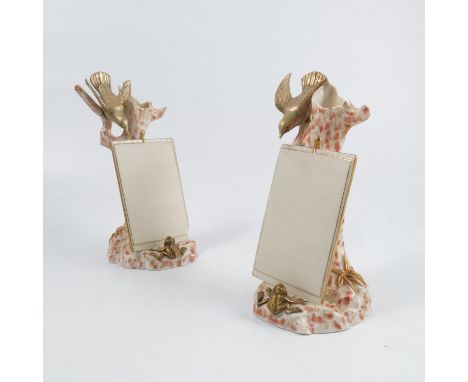 A pair of Royal Worcester menu cards, dated 1889, modelled with hummingbirds on tree-trunks with frogs at the bases, with pri