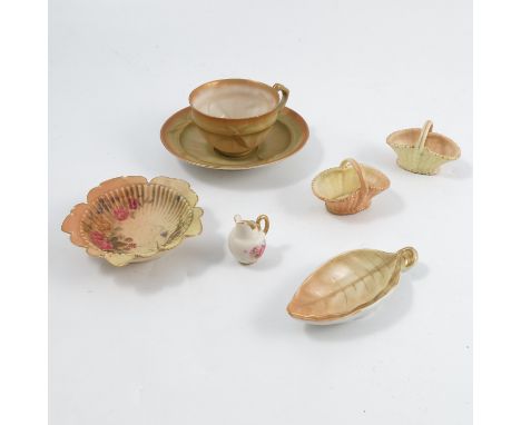 A collection of Royal Worcester blush ivory and shot enamel, comprising a bamboo cup and saucer, dated 1910, a leaf tray, dat