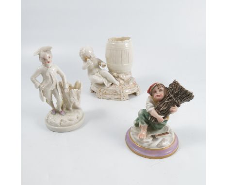 Three Royal Worcester spill holders, comprising a Medieval boy with faggots, factory mark 1864, a Hogarth boy in a tricorn ha