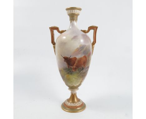 A Royal Worcester vase, decorated with two Highland cattle, having a small vignette to the reverse, raised on a pedestal, sha