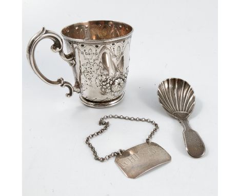 A Victorian silver christening mug, with embossed and engraved decoration, Sheffield 1867, weight 3oz, together with a Victor