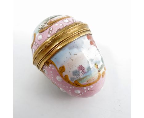A late 18th century Bilston enamel bonbonniere, decorated with landscape panels to a rose pink ground