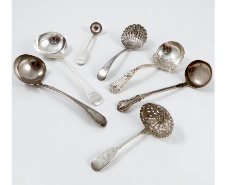 A collection of silver ladles, to include two Georgian silver ladles engraved with initials, a Scottish silver fiddle pattern