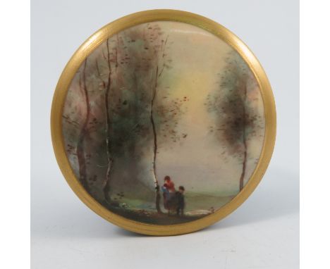 A Royal Worcester cylindrical box and cover, the lid decorated with figures in landscape with trees in the Corot style, shape
