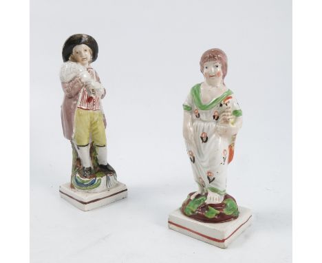 A 19th century Staffordshire pearlware figure, of a girl holding a bird under her arm, on a square base, height 5ins, togethe