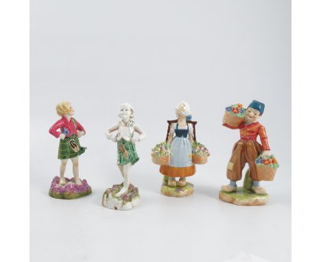 Four Royal Worcester figures, Dutch Girl, Dutch Boy, Scotland and a clobbered Scotland, all modelled by F G Doughty, model nu