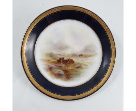 A Royal Worcester plate, decorated with Highland cattle by Stinton, with a blue and gilt border, diameter 9ins, circa 1912Con