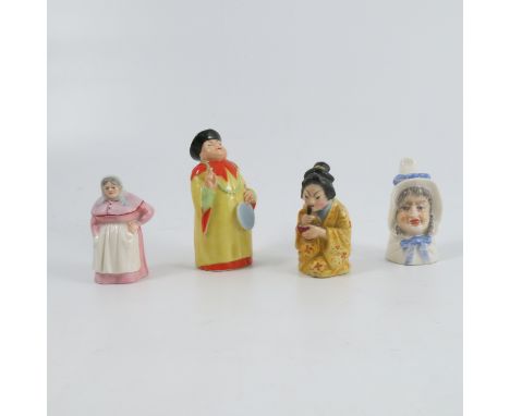 Four Royal Worcester candle snuffers, comprising Mandarin, dated 1928, French Cook, dated 1908, Mrs Caudle dated 1905 and Jap