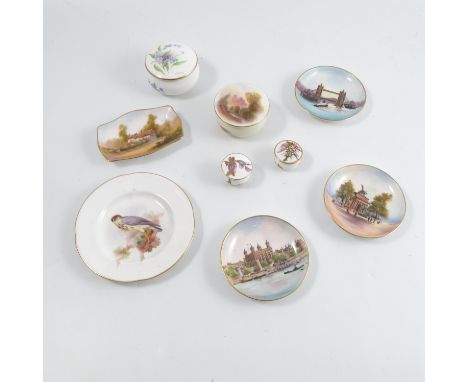 A collection of Royal Worcester, comprising a pot and cover decorated with a castle by Raymond Rushton, dated 1938, a small t