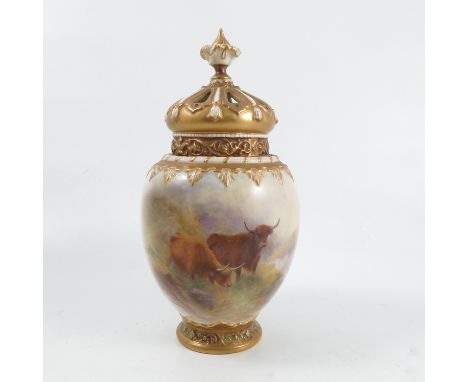 A Royal Worcester crown top pot pourri, with inner and outer covers, decorated with Highland cattle by H Stinton, shape numbe