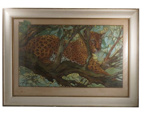 K Nixon, oil on board, cheetah lying on a tree branch, 19ins x 33ins