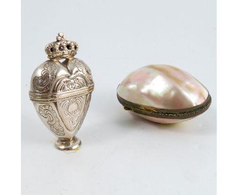 An Antique Dutch silver box, of heart form with crown over and raised on a circular pedestal foot, the whole with engraved sc