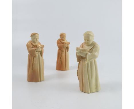 Three Royal Worcester blush ivory candle snuffers, The Monk, date codes for 1900, 1917 and 1929Condition Report:  All 3 OK