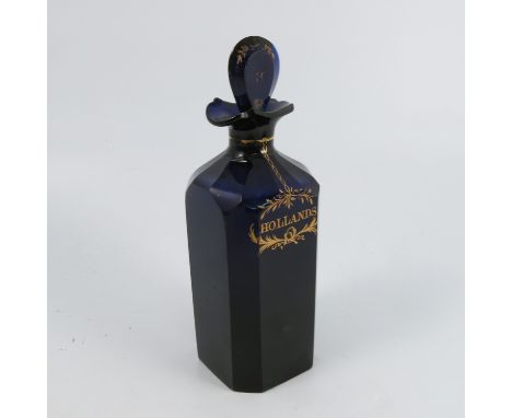 A 19th century Bristol blue glass decanter, of shaped square form with gilt decoration to the bottles and stopper, inscribed 