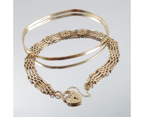 A 9 carat gold four bar gate bracelet, together with a plain 9 carat gold bangle, 12.4g gross