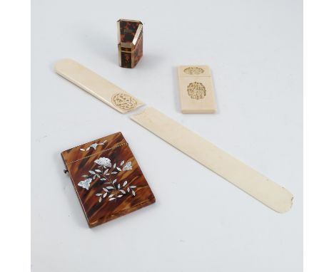 A 19th century tortoiseshell card case, with mother or pearl inlaid floral decoration, together with a 19th century tortoises