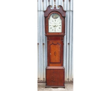 A 19th century north country oak long case clock, having painted dial with figure and dog within a landscape, second hand swe