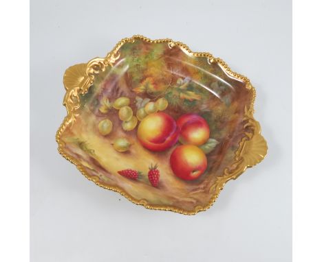 A Royal Worcester square dish, decorated with fruit to a mossy background by H H Price, to a shaped gilt edge and gilt shell 