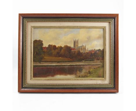 J H Lewis, oil on board, view of Worcester Cathedral across the river, 10ins x 14.5ins