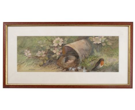 R H Austin, watercolour, Robins nest and eggs, 4.75ins x 13.75ins