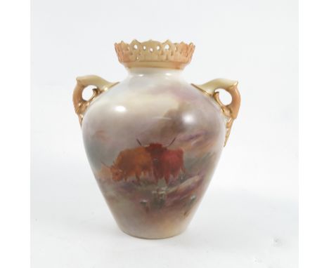 A Royal Worcester vase, with blush ivory handles and a pierced rim, decorated with Highland cattle by H Stinton, with a vigne