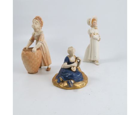 Three Royal Worcester figures, comprising a Kate Greenaway figure of a girl with basket, dated 1885, a sugar sifter modelled 